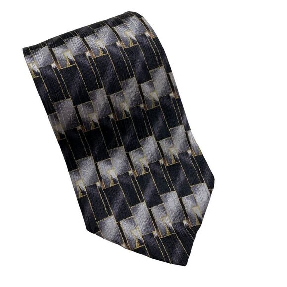 Vtg Oscar de la Renta Mens Necktie Tie Black Silver Gold Geometric Silk Designer - Picture 2 of 7